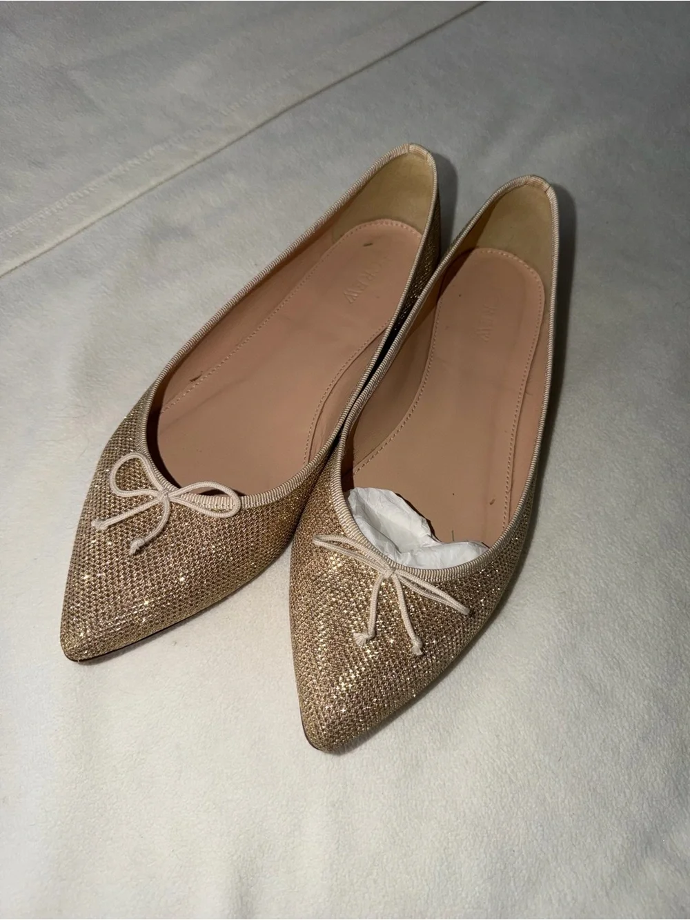 J. Crew Gold Gemma Glitter Ballet Flats with Bow Accent